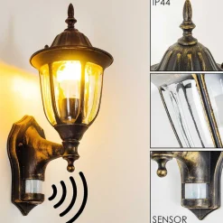 Applique Murale D'Exterieur Ribadeo Noir Dore, 1 Lumiere, Detecteur De Mouvement