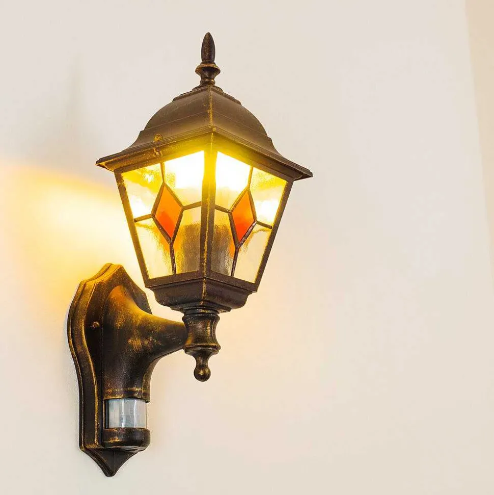 Applique Murale D'Exterieur Antibes Brun Dore, 1 Lumiere, Detecteur De Mouvement