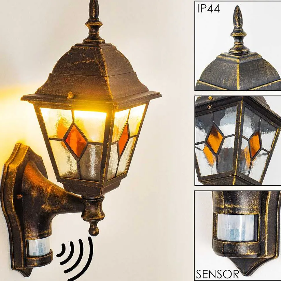 Applique Murale D'Exterieur Antibes Brun Dore, 1 Lumiere, Detecteur De Mouvement