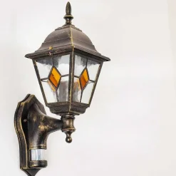 Applique Murale D'Exterieur Antibes Brun Dore, 1 Lumiere, Detecteur De Mouvement