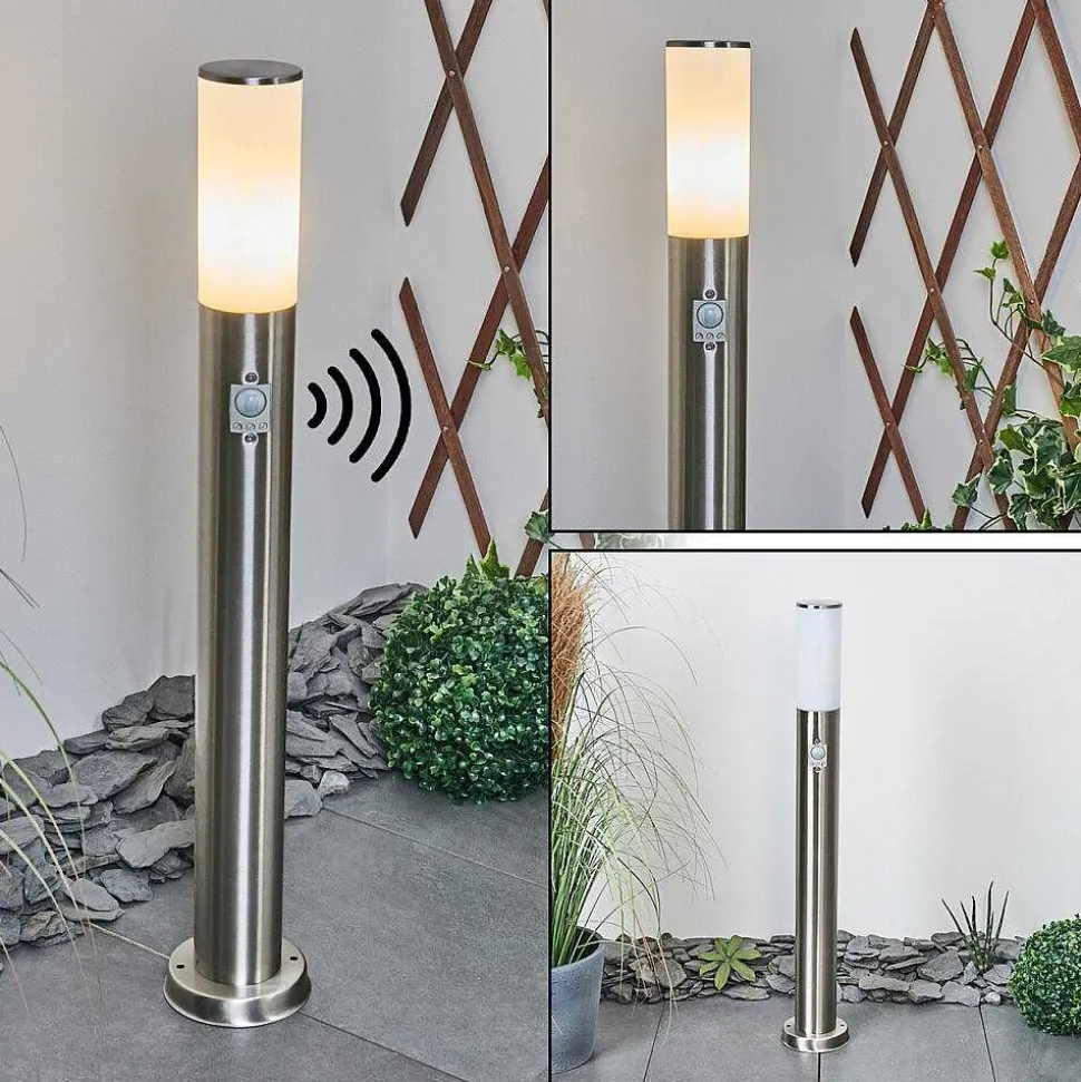 Borne Lumineuse Caserta Nickel Mat, Blanc, 1 Lumiere, Detecteur De Mouvement