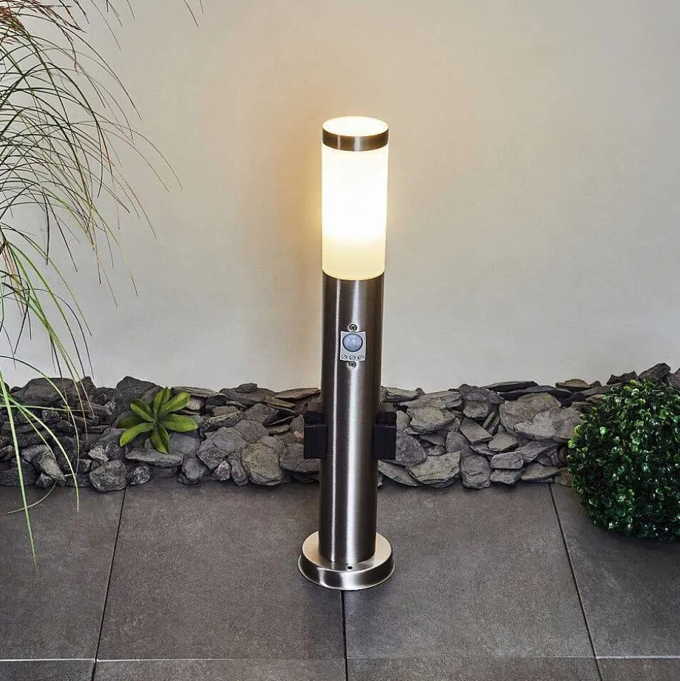 Borne Lumineuse Gaborone Led Nickel Mat, 1 Lumiere, Detecteur De Mouvement