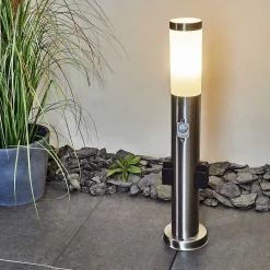 Borne Lumineuse Gaborone Led Nickel Mat, 1 Lumiere, Detecteur De Mouvement