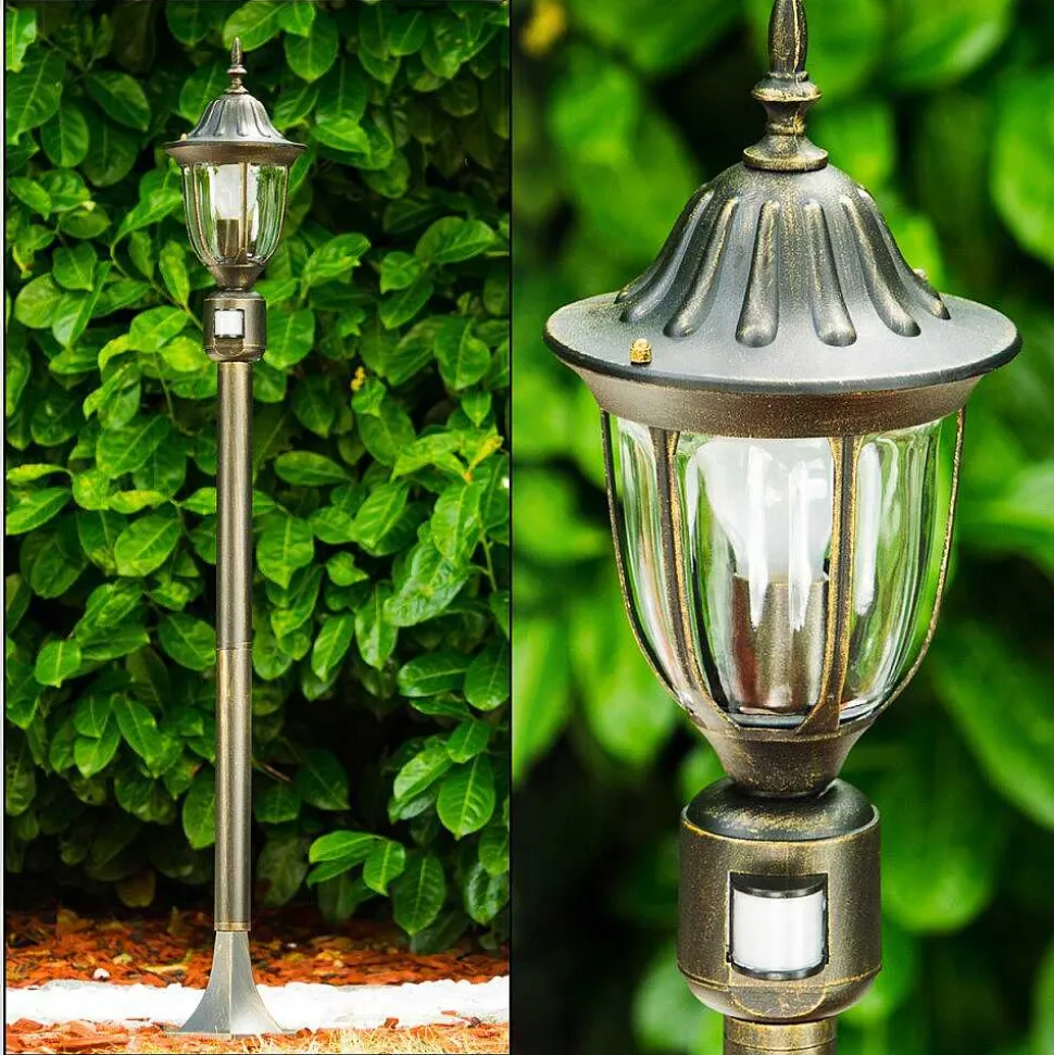 Borne Lumineuse Ribadeo Noir Dore, 1 Lumiere, Detecteur De Mouvement