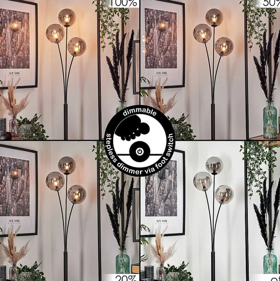 Lampadaire - Verre 15 Cm Bernado Fume, 3 Lumieres