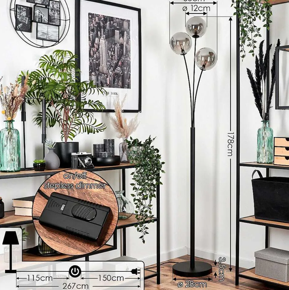 Lampadaire - Verre 15 Cm Bernado Fume, 3 Lumieres