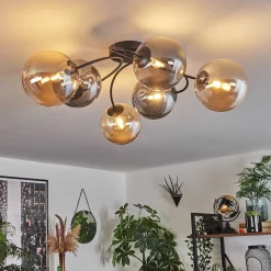 Plafonnier - Verre Chehalis Ambre, Fume, 6 Lumieres