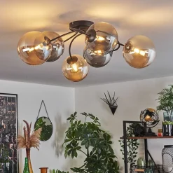 Plafonnier - Verre Chehalis Ambre, Fume, 6 Lumieres