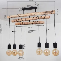 Plafonnier Ajaccio Bois Clair, Noir, 6 Lumieres