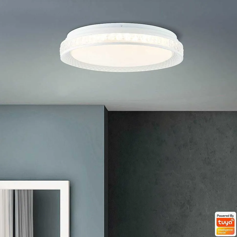 Plafonnier Brilliant Burlie Led Blanc, 1 Lumiere, Telecommandes, Changeur De Couleurs