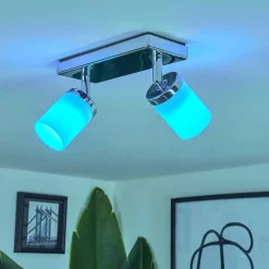 Plafonnier Cerejeiras Led Chrome, 2 Lumieres, Telecommandes, Changeur De Couleurs