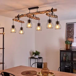 Plafonnier Gondo Bois Clair, Noir, 6 Lumieres