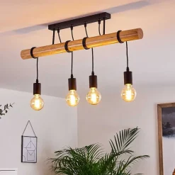 Plafonnier Yaak Bois Clair, Noir, 4 Lumieres