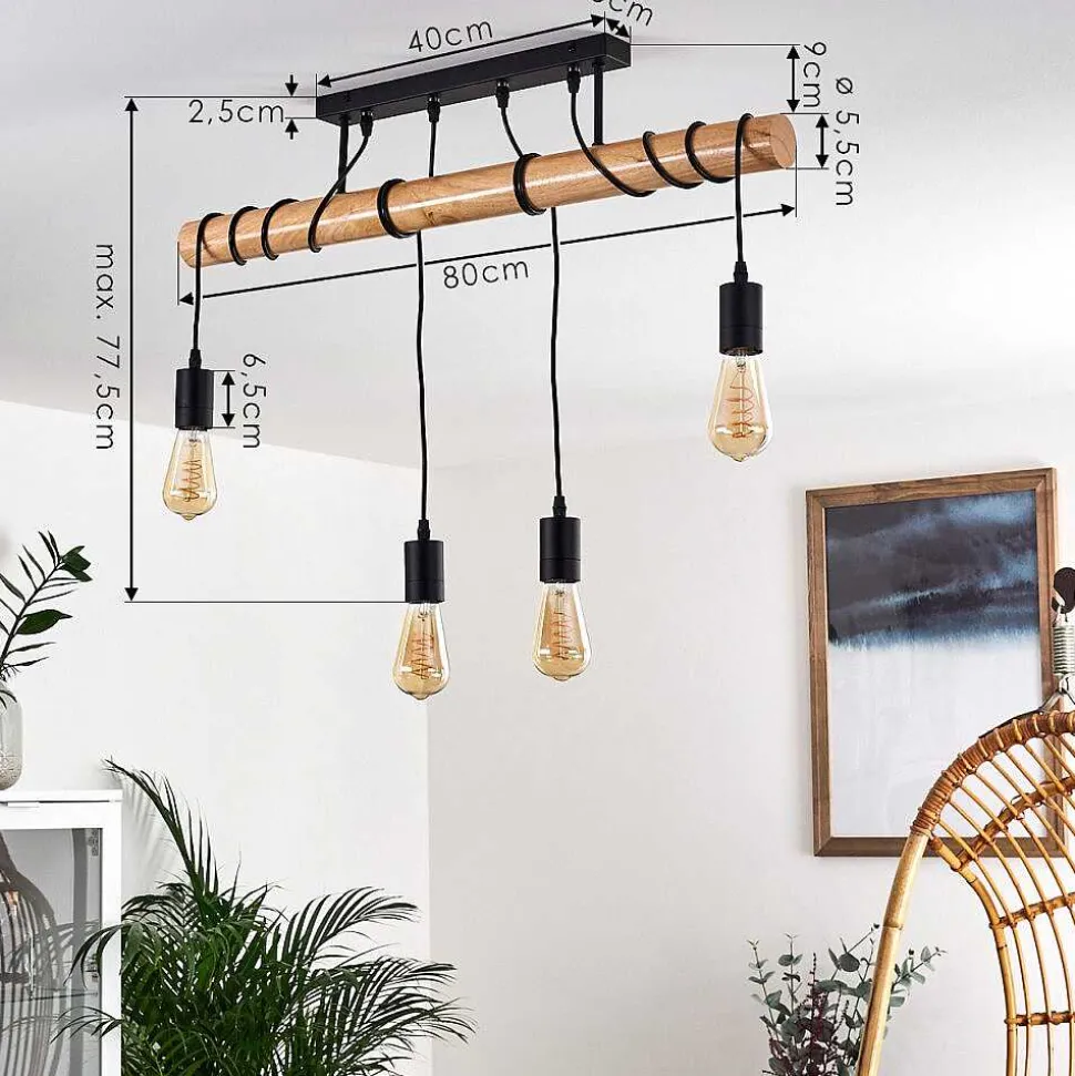 Plafonnier Yaak Bois Clair, Noir, 4 Lumieres