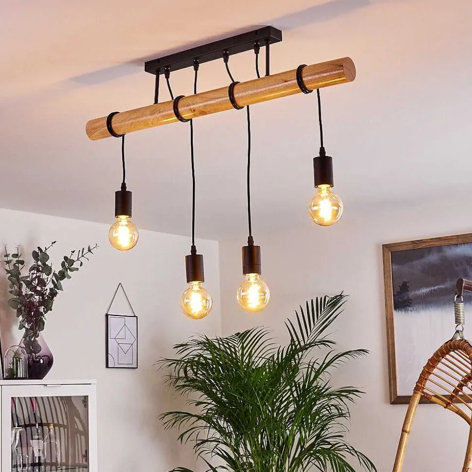 Plafonnier Yaak Bois Clair, Noir, 4 Lumieres