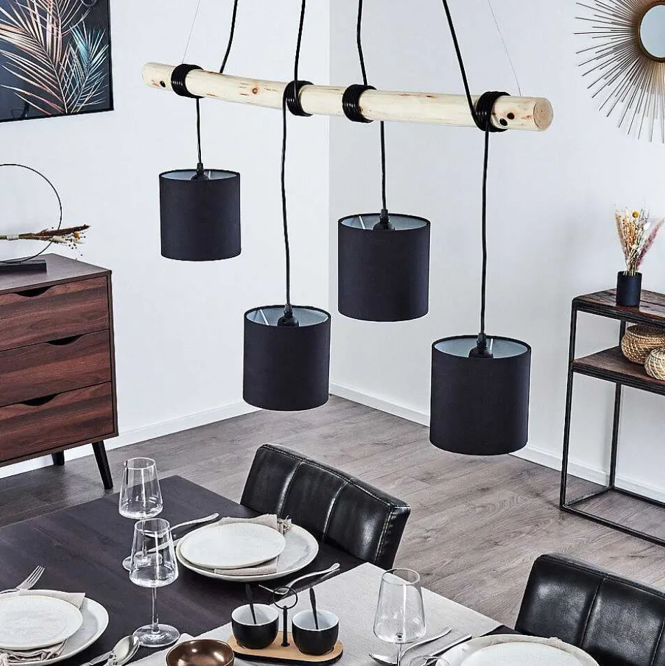 Suspension Betsele Bois Clair, Noir, 4 Lumieres