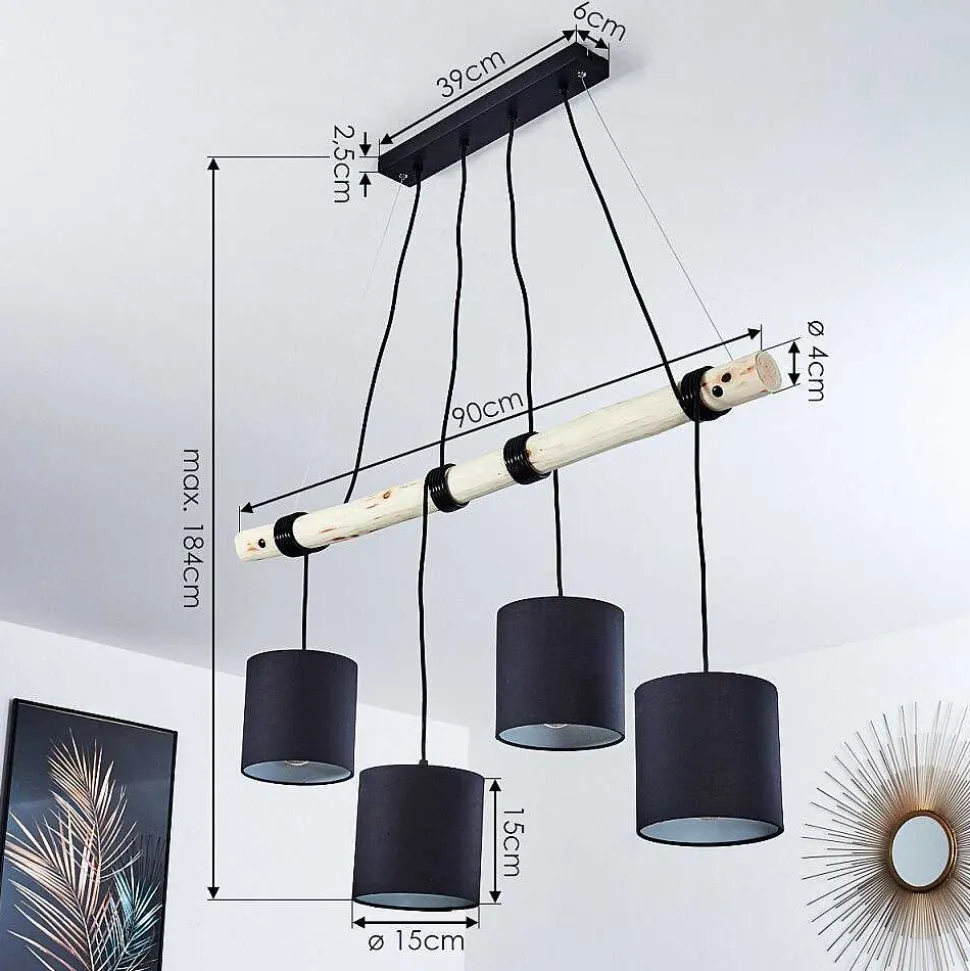 Suspension Betsele Bois Clair, Noir, 4 Lumieres
