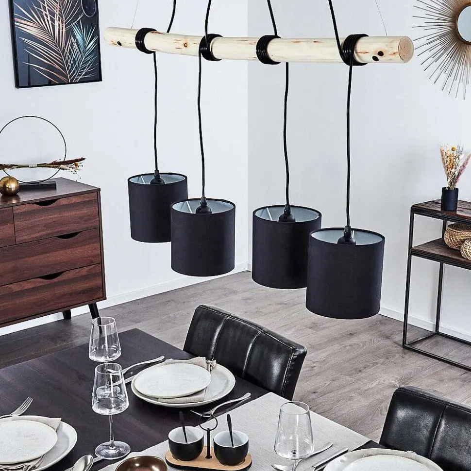 Suspension Betsele Bois Clair, Noir, 4 Lumieres