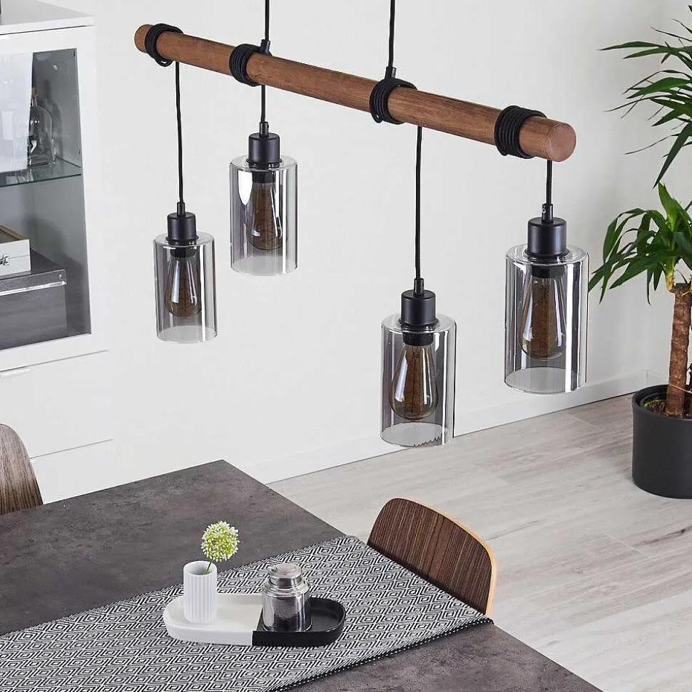 Suspension Hunouri Bois Fonce, Noir, 4 Lumieres