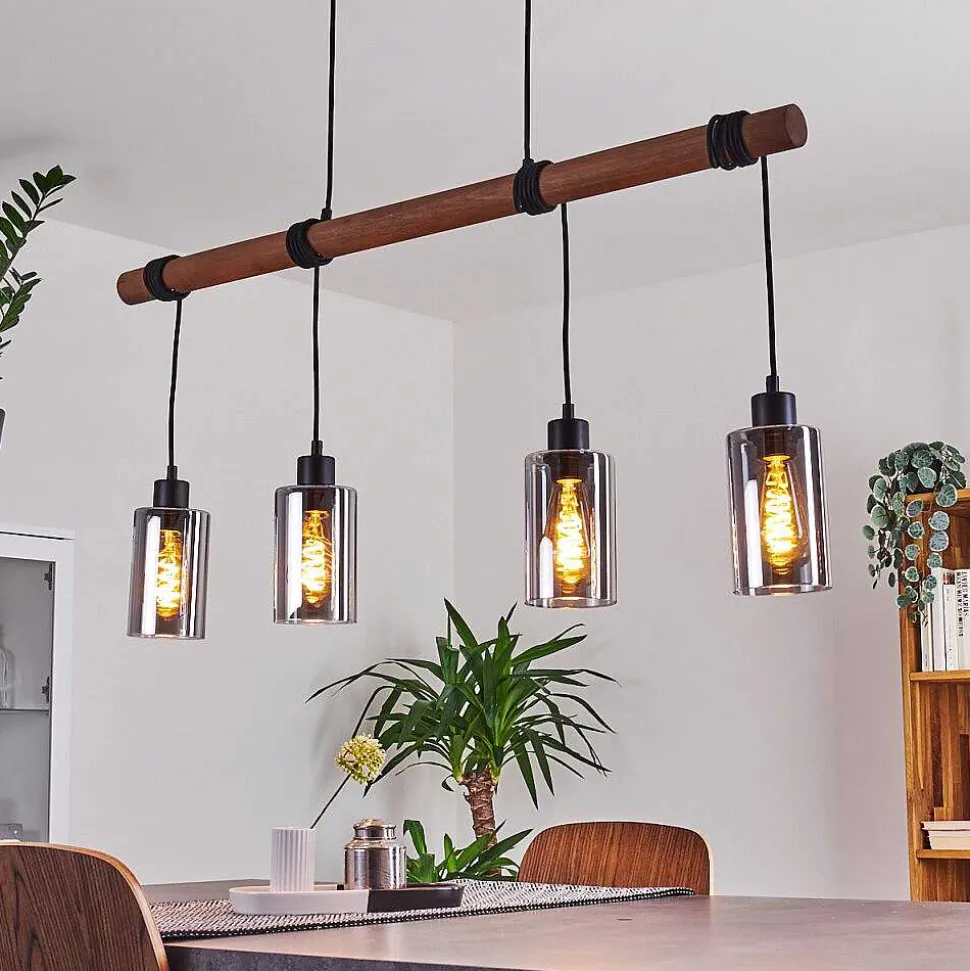 Suspension Hunouri Bois Fonce, Noir, 4 Lumieres