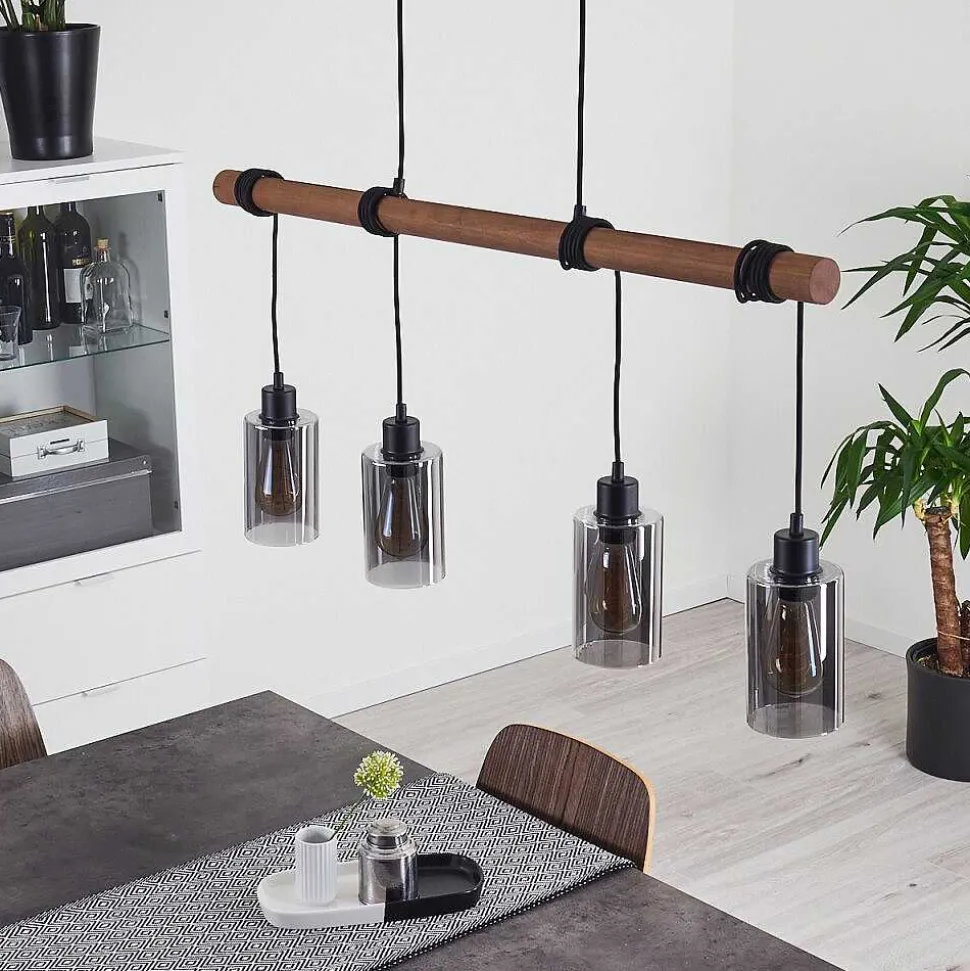 Suspension Hunouri Bois Fonce, Noir, 4 Lumieres