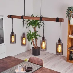 Suspension Hunouri Bois Fonce, Noir, 4 Lumieres