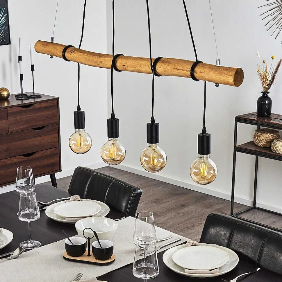 Suspension Seegaard Bois Clair, Noir, 4 Lumieres