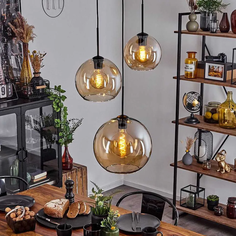 Suspension Verre 20 Cm, 25 Cm, 30Cm Koyoto Ambre, 3 Lumieres