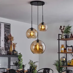 Suspension Verre 20 Cm, 25 Cm, 30Cm Koyoto Ambre, 3 Lumieres