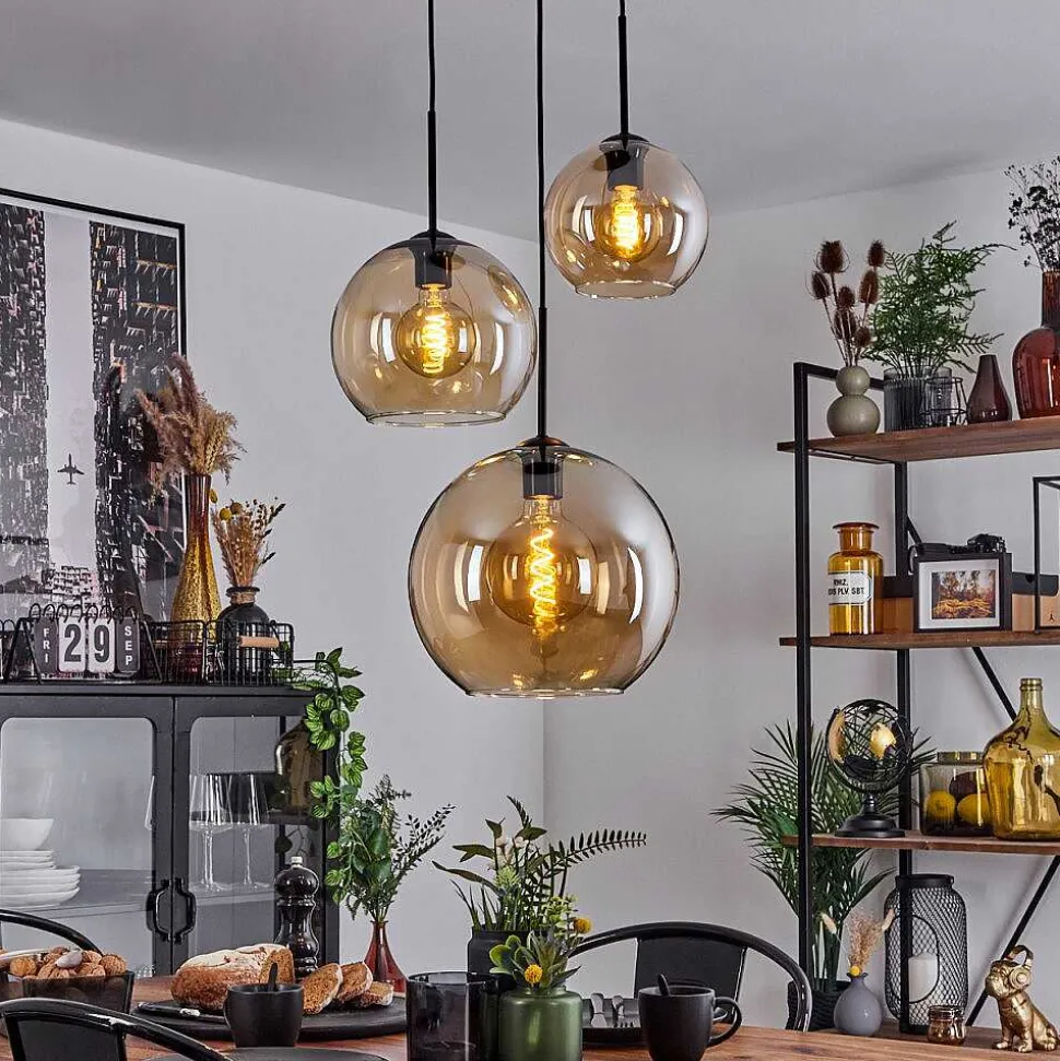 Suspension Verre 20 Cm, 25 Cm, 30Cm Koyoto Ambre, 3 Lumieres