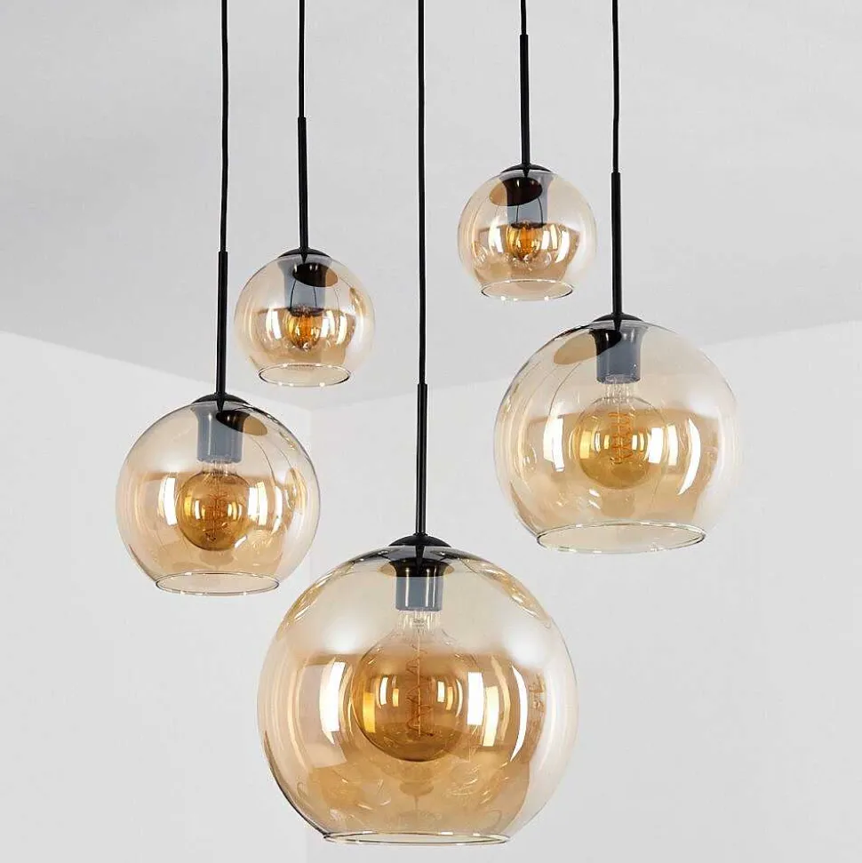 Suspension Verre 15 Cm, 20 Cm, 25 Cm, 30Cm Koyoto Ambre, 5 Lumieres