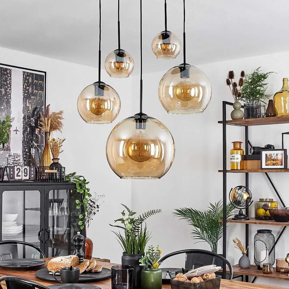 Suspension Verre 15 Cm, 20 Cm, 25 Cm, 30Cm Koyoto Ambre, 5 Lumieres