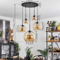 Suspension Verre 15 Cm, 20 Cm, 25 Cm, 30Cm Koyoto Ambre, 5 Lumieres