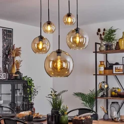 Suspension Verre 15 Cm, 20 Cm, 25 Cm, 30Cm Koyoto Ambre, 5 Lumieres