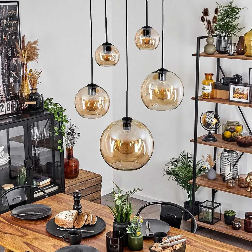 Suspension Verre 15 Cm, 20 Cm, 25 Cm, 30Cm Koyoto Ambre, 5 Lumieres