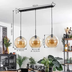 Suspension Verre 30 Cm Koyoto Ambre, 3 Lumieres