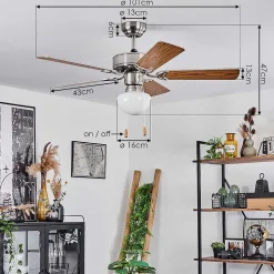 Ventilateur De Plafond Apiao Brun, Couleur Bois, Argente, 1 Lumiere