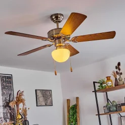 Ventilateur De Plafond Apiao Brun, Brun Clair, Couleur Bois, Argente, 1 Lumiere
