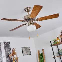 Ventilateur De Plafond Apiao Brun, Brun Clair, Couleur Bois, Argente, 1 Lumiere