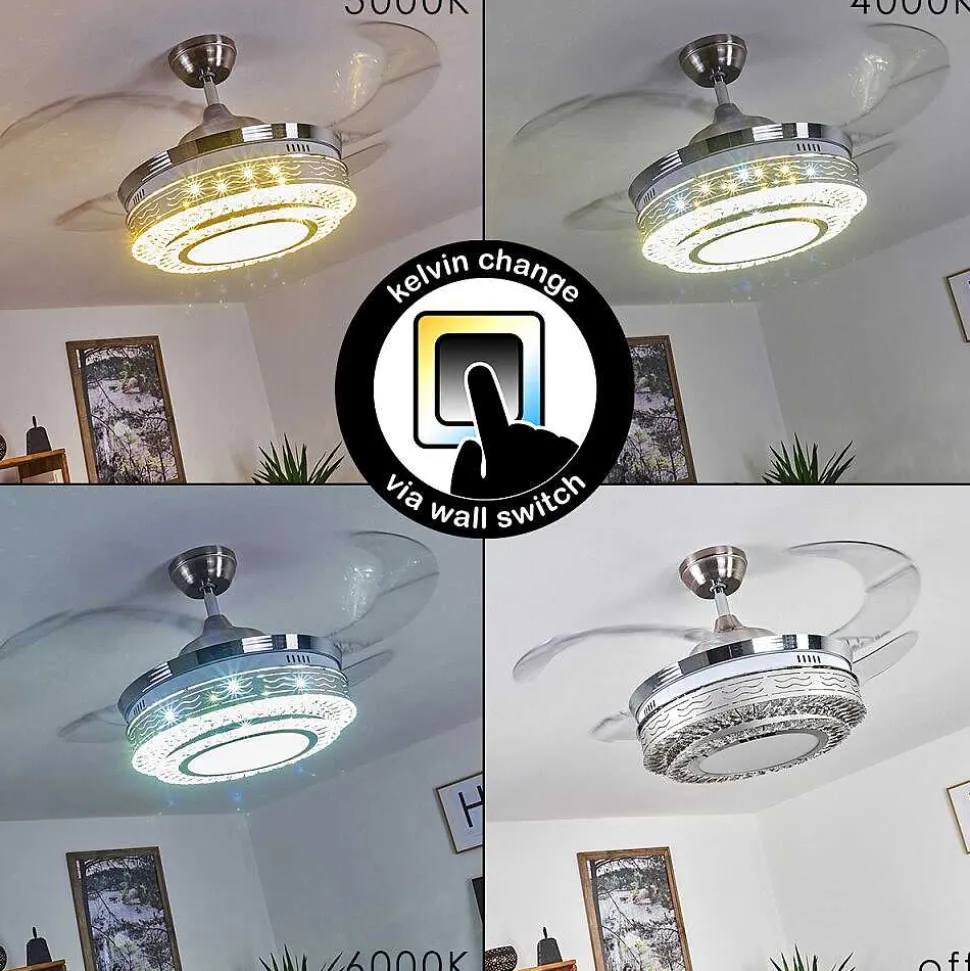 Ventilateur De Plafond Bendigo Led Nickel Mat, Transparent, 1 Lumiere