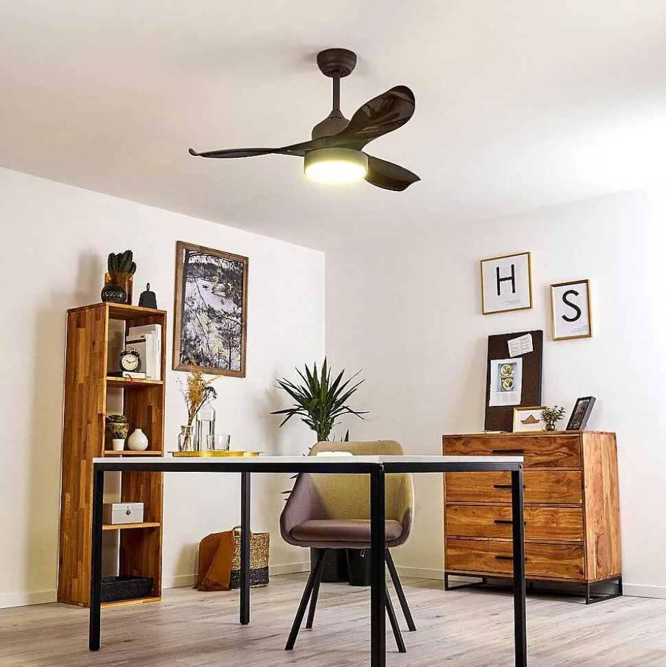 Ventilateur De Plafond Doha Led Brun, 1 Lumiere, Telecommandes