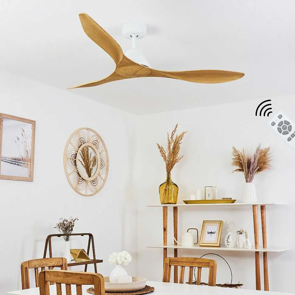 Ventilateur De Plafond Follseland Brun Clair, Couleur Bois, Blanc, Telecommandes