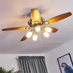 Ventilateur De Plafond Irving Chrome, Gris, Bois Clair, 5 Lumieres