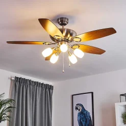 Ventilateur De Plafond Irving Chrome, Gris, Bois Clair, 5 Lumieres