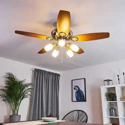 Ventilateur De Plafond Irving Chrome, Gris, Bois Clair, 5 Lumieres