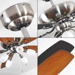 Ventilateur De Plafond Irving Chrome, Gris, Bois Clair, 5 Lumieres