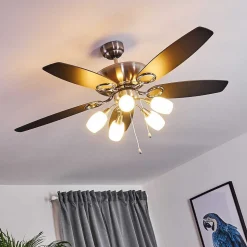 Ventilateur De Plafond Irving Chrome, Gris, Bois Clair, 5 Lumieres