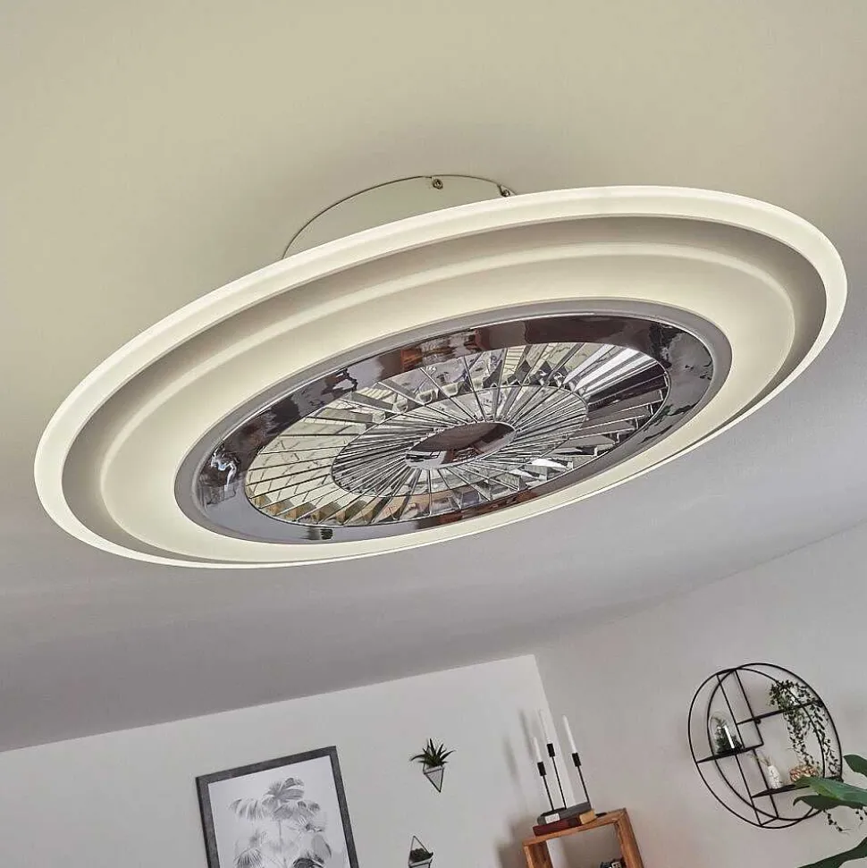 Ventilateur De Plafond Terradura Led Chrome, Blanc, 1 Lumiere, Telecommandes