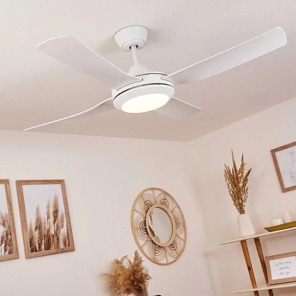 Ventilateur De Plafond Tjerne Led Blanc, 1 Lumiere, Telecommandes