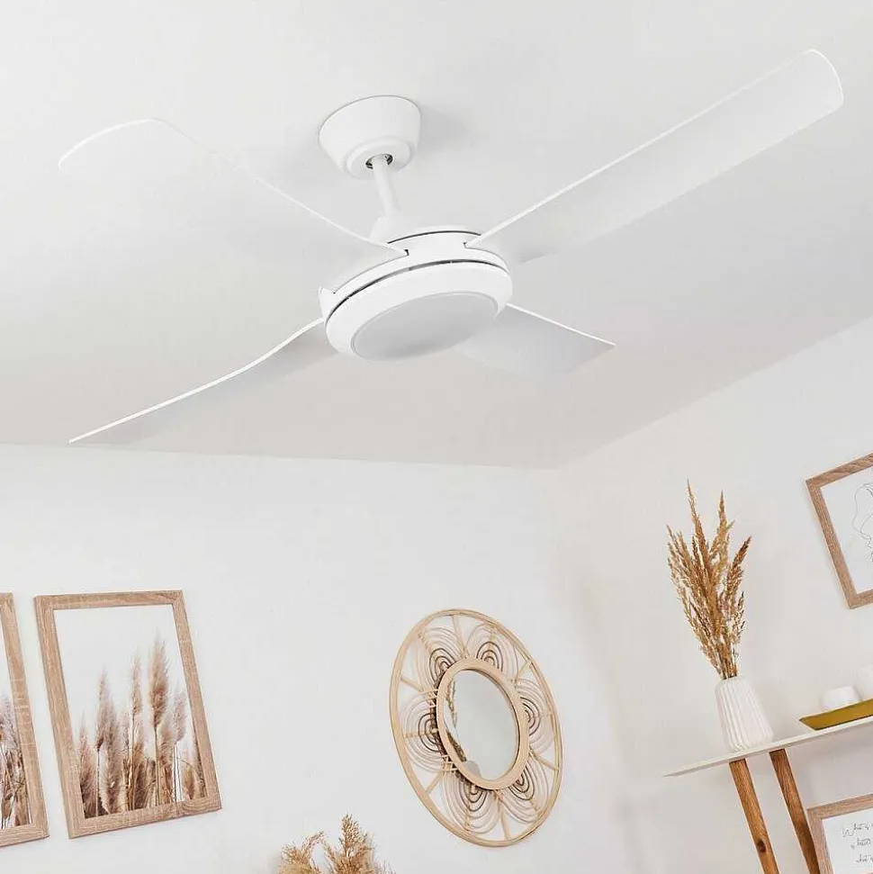 Ventilateur De Plafond Tjerne Led Blanc, 1 Lumiere, Telecommandes